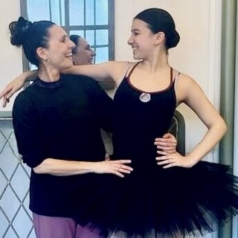 Ballet teacher Morella Simoncini with a student in a tutu